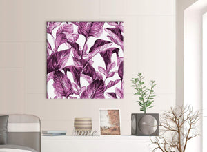 Contemporary Plum Aubergine White Tropical Leaves Canvas Modern 79cm Square 1S319L For Your Bedroom