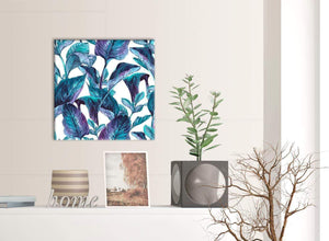 Contemporary Turquoise And White Tropical Leaves Canvas Modern 49cm Square 1S323S For Your Living Room