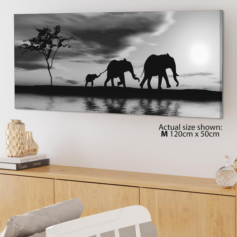 Black White African Sunset Elephants Canvas Wall Art Print