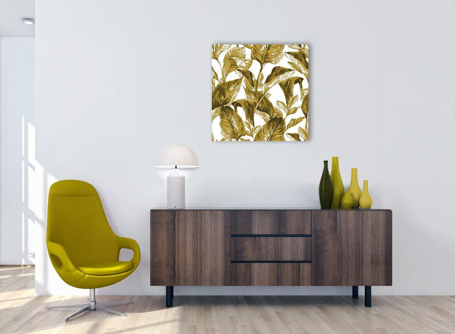 Cheap Mustard Yellow White Tropical Leaves Canvas Modern 64cm Square 1S318M For Your Bedroom