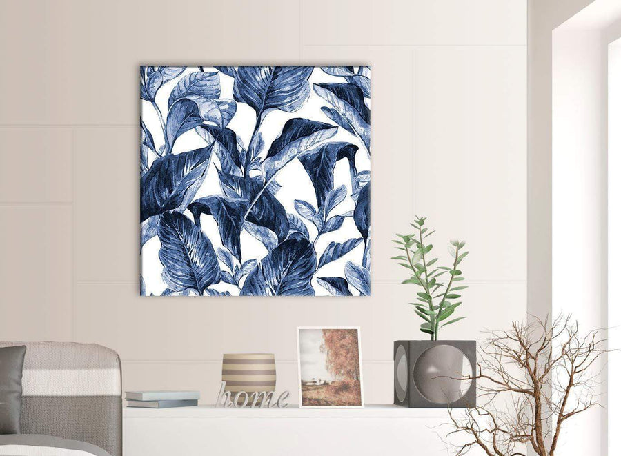 Contemporary Indigo Navy Blue White Tropical Leaves Canvas Modern 79cm Square 1S320L For Your Dining Room