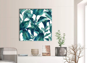 Contemporary Teal Blue Green Tropical Exotic Leaves Canvas Modern 79cm Square 1S325L For Your Bedroom