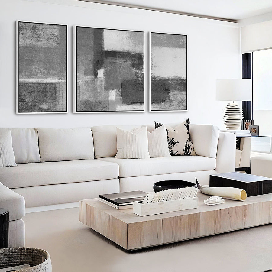 Extra Large Modern Living Room Pictures - Black White Grey Framed Canvas Abstract - XXL 212cm Wide