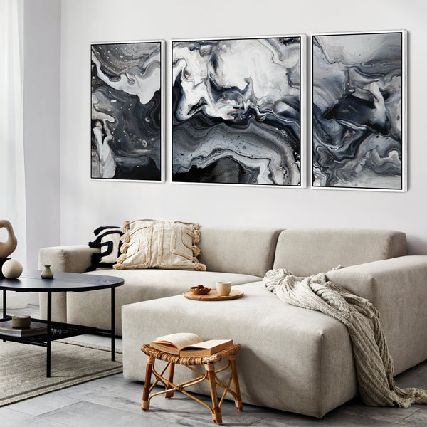 Large Framed Canvas Wall Pictures for Living Room - Black White Grey Abstract - XXL 212cm Wide