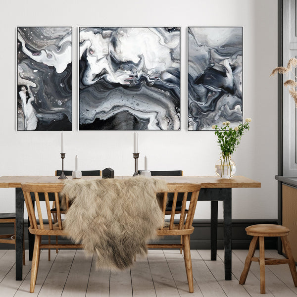 Large Framed Canvas Wall Pictures for Living Room - Black White Grey Abstract - XXL 212cm Wide