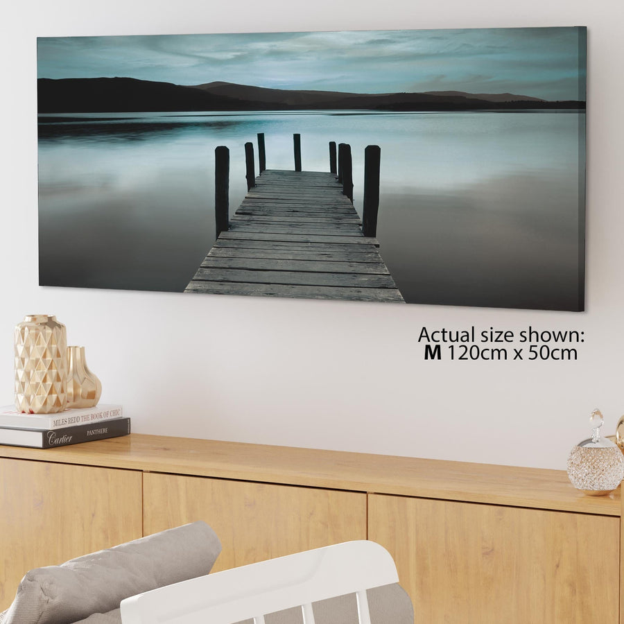 Modern Teal Grey Coloured Lake Jetty View Landscape Canvas