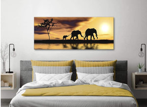 African Sunset Elephants Canvas Wall Art - Animal - 1479 Mustard Yellow - 120cm Wide Print
