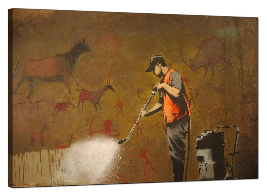 Banksy Canvas Pictures - Man Cleaning and Removing a Prehistoric Cave Painting - Urban Art