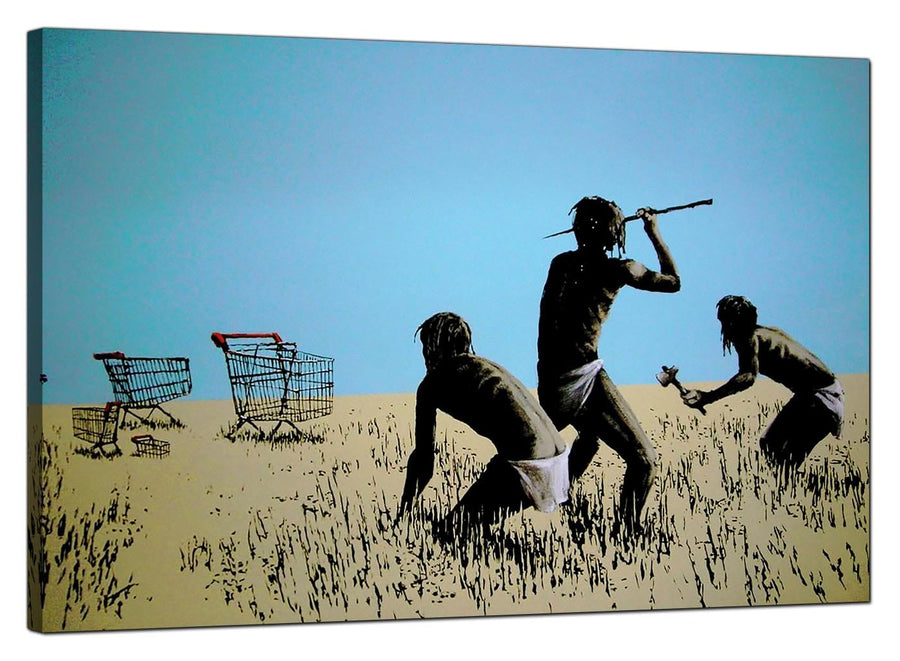Banksy Canvas Pictures - Tribal People Hunting Shopping Trolleys with Spears - Urban Art