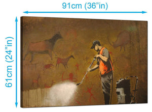 Banksy Canvas Prints UK - Man Cleaning and Removing a Prehistoric Cave Painting - Graffiti Art