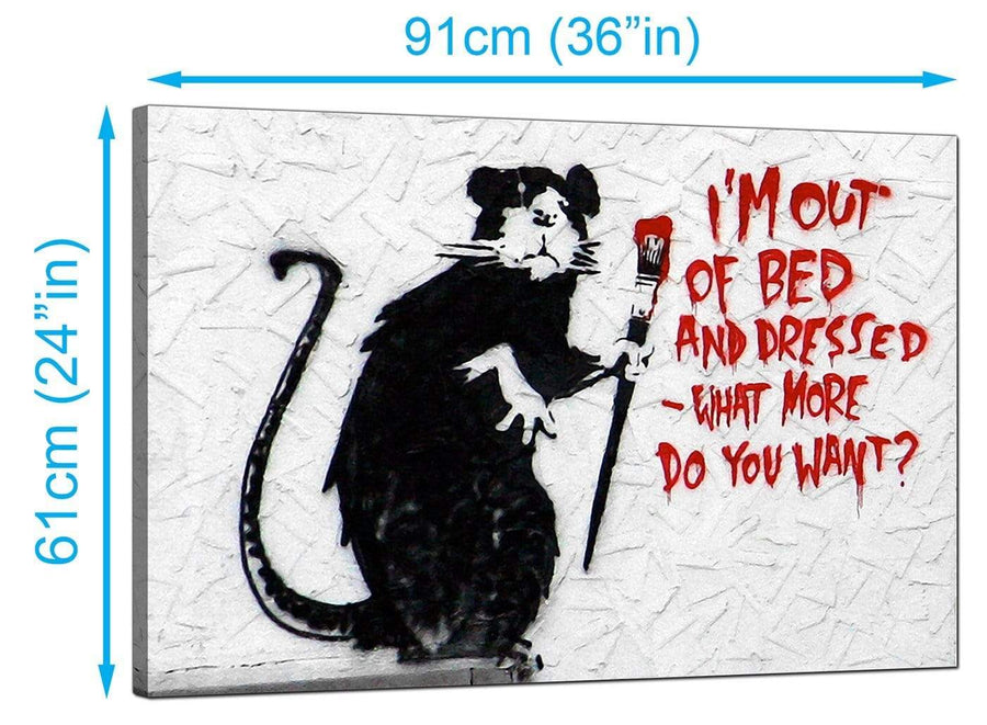 Banksy Canvas Prints UK - Rat with a Paintbrush Im Out of Bed and Dressed What More do You Want? - Graffiti Art
