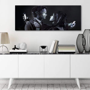 Banksy Mobile Lovers Graffiti Canvas Wall Art - 1212 Black White Grey - 120cm Wide Print