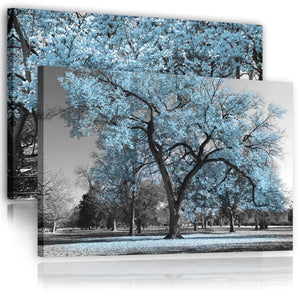 Blue Grey Black Canvas Wall Art - Trees Leaves Blossom - Set of 2 Pictures Canvas Wall Art Print