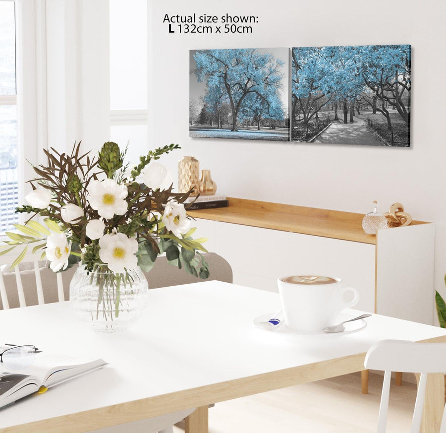 Blue Grey Black Canvas Wall Art - Trees Leaves Blossom - Set of 2 Pictures Canvas Wall Art Print