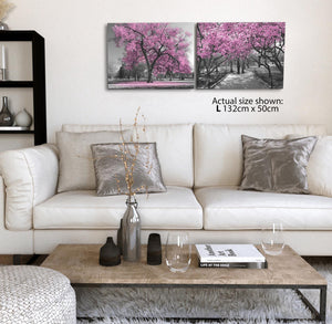 Blush Pink Grey Black Canvas Wall Art - Trees Leaves Blossom - Set Of