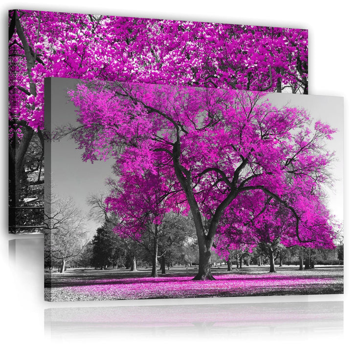 Bright Pink Grey Canvas Wall Art - Trees Leaves Blossom - Set of 2 Pictures - 2CL2008XXL