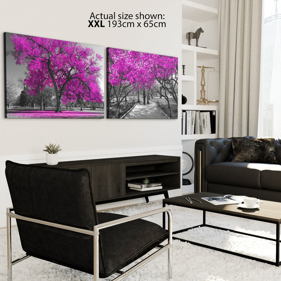 Bright Pink Grey Canvas Wall Art - Trees Leaves Blossom - Set of 2 Pictures