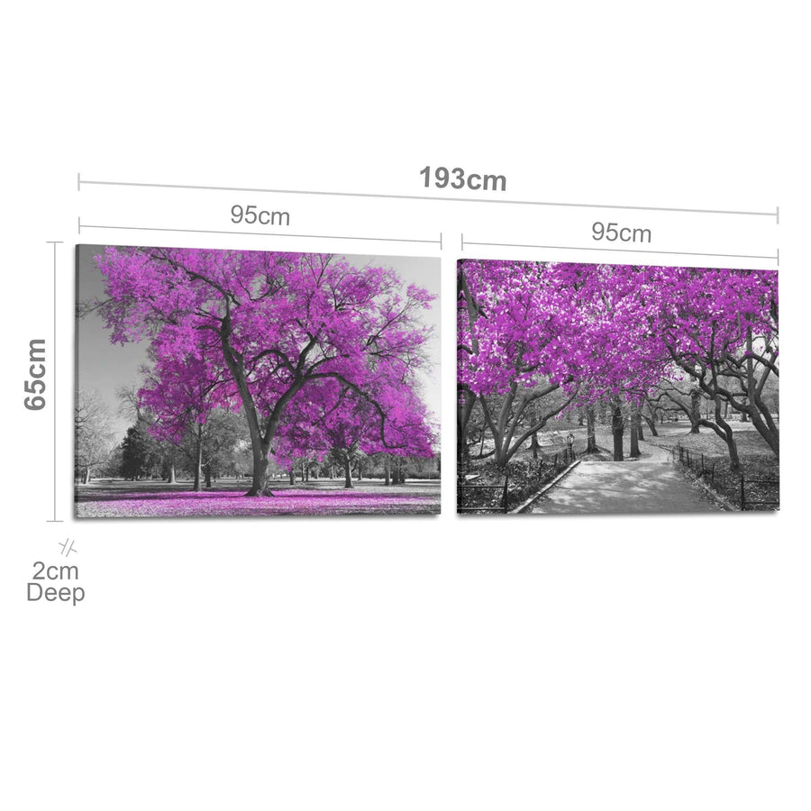 Bright Pink Grey Canvas Wall Art - Trees Leaves Blossom - Set of 2 Pictures