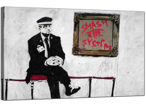 Banksy Canvas Pictures - Gallery Attendant with Smash the System Picture - Urban Art