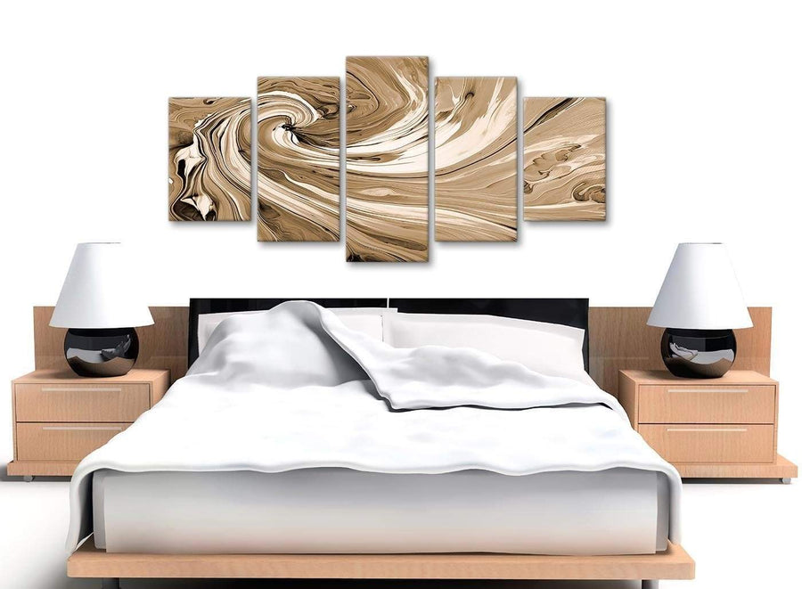 Cheap Extra Large Brown Cream Swirls Modern Abstract Canvas Wall Art Split 5 Panel 160cm Wide 5349 For Your Living Room