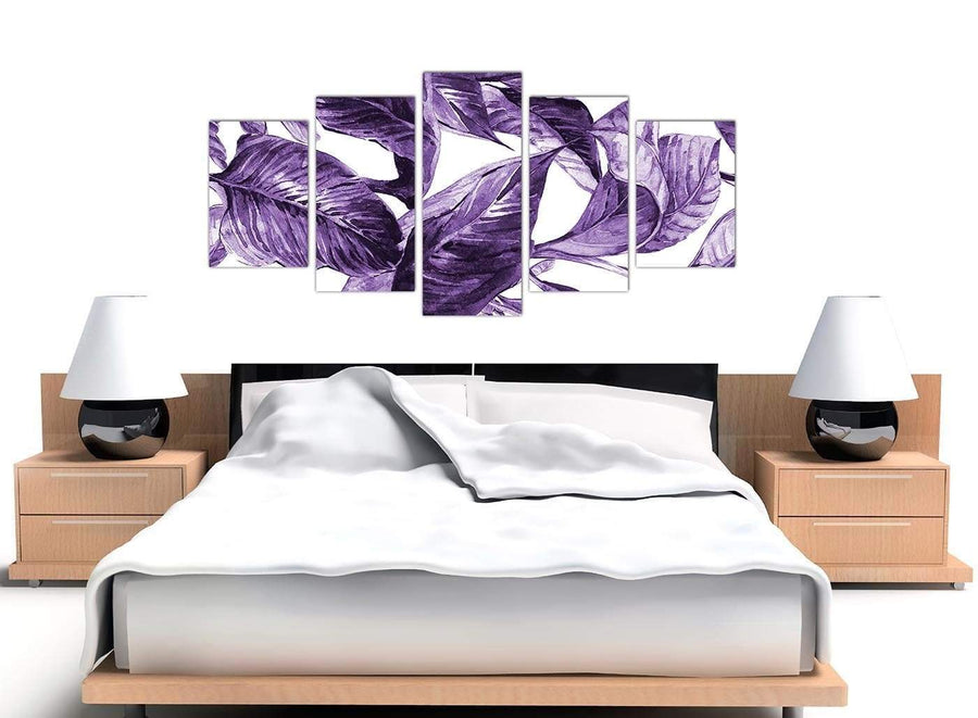 Cheap Extra Large Dark Purple White Tropical Exotic Leaves Canvas Split 5 Set 5322 For Your Living Room
