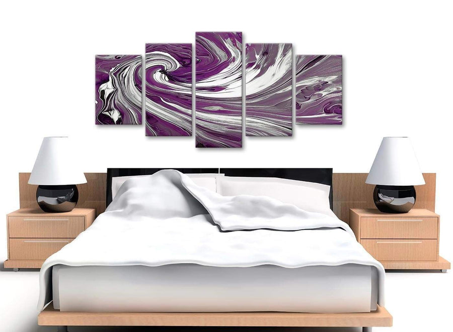 Cheap Extra Large Plum Purple White Swirls Modern Abstract Canvas Wall Art Split 5 Panel 160cm Wide 5353 For Your Bedroom