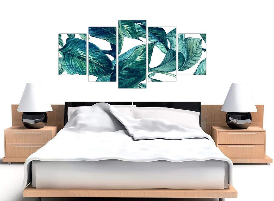 Cheap Extra Large Teal Blue Green Tropical Exotic Leaves Canvas Multi 5 Piece 5325 For Your Bedroom