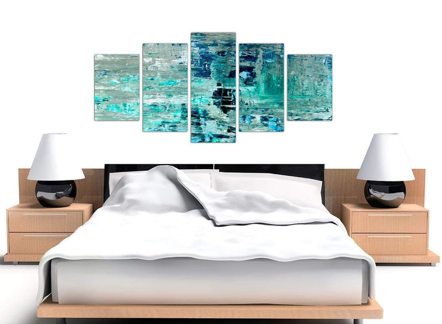 Cheap Extra Large Turquoise Teal Abstract Painting Wall Art Print Canvas Split Set Of 5 5333 For Your Living Room