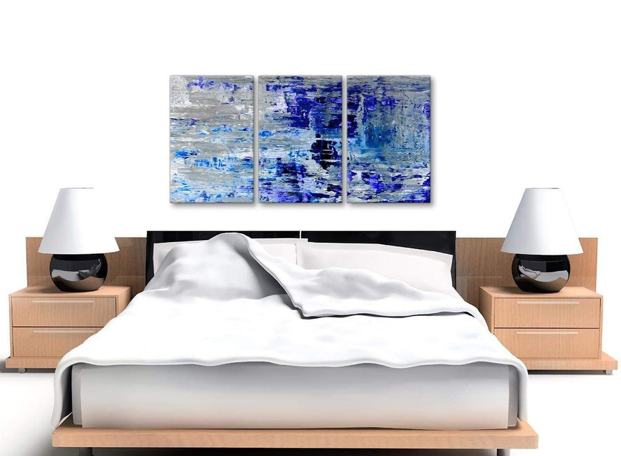 Cheap Indigo Blue Grey Abstract Painting Wall Art Print Canvas Split Set Of 3 125cm Wide 3358 For Your Dining Room
