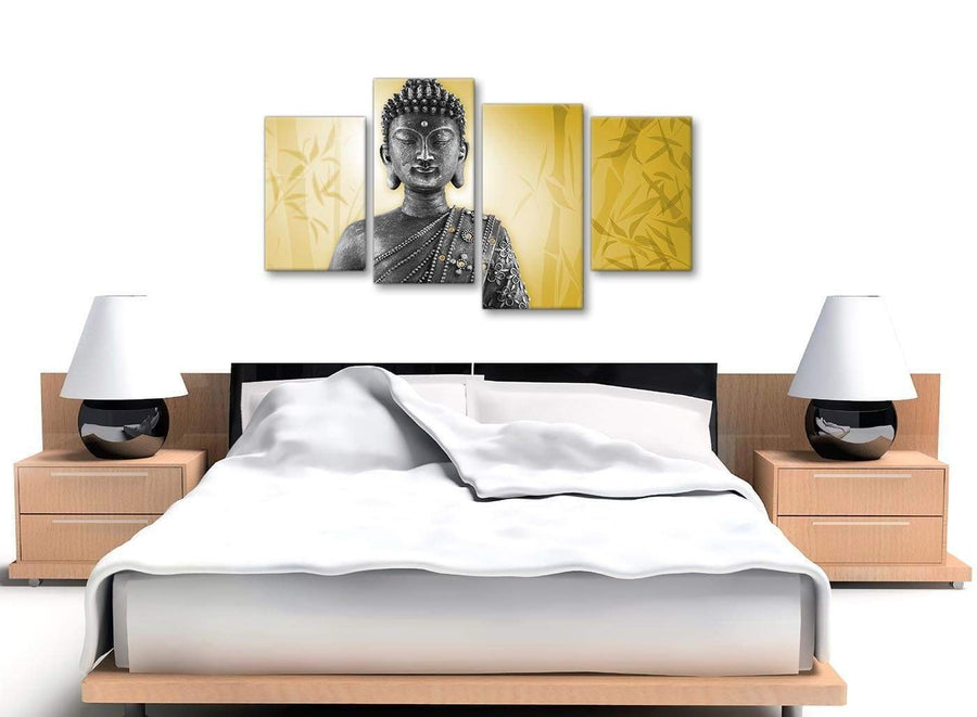 Cheap Large Mustard Yellow And Grey Silver Wall Art Print Of Buddha Canvas Multi 4 Panel 4328 For Your Living Room