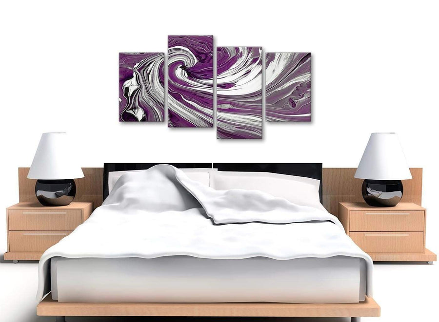 Cheap Large Plum Purple White Swirls Modern Abstract Canvas Wall Art Split 4 Panel 130cm Wide 4353 For Your Living Room