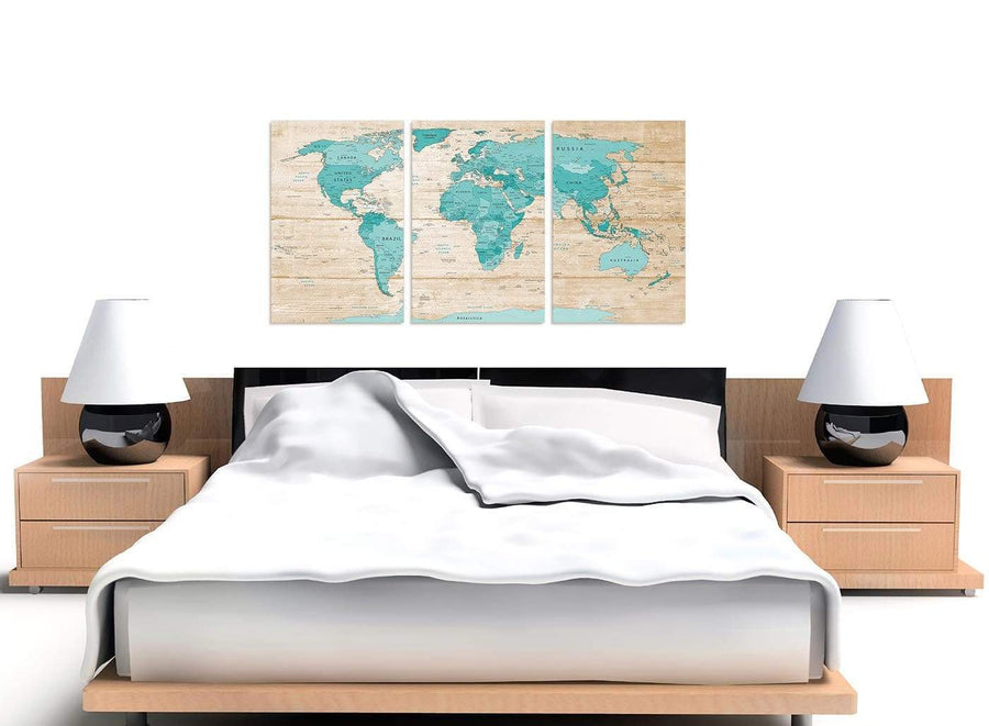 Cheap Large Teal Cream Map Of World Atlas Canvas Split 3 Set 3313 For Your Dining Room