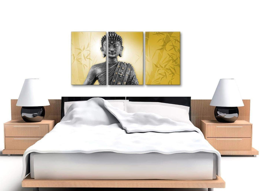 Cheap Mustard Yellow And Grey Silver Wall Art Print Of Buddha Canvas Multi 3 Panel 3328 For Your Living Room