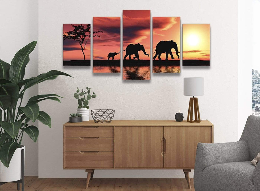 cheap-set-of-five-orange-sunset-africa-canvas-art-5102