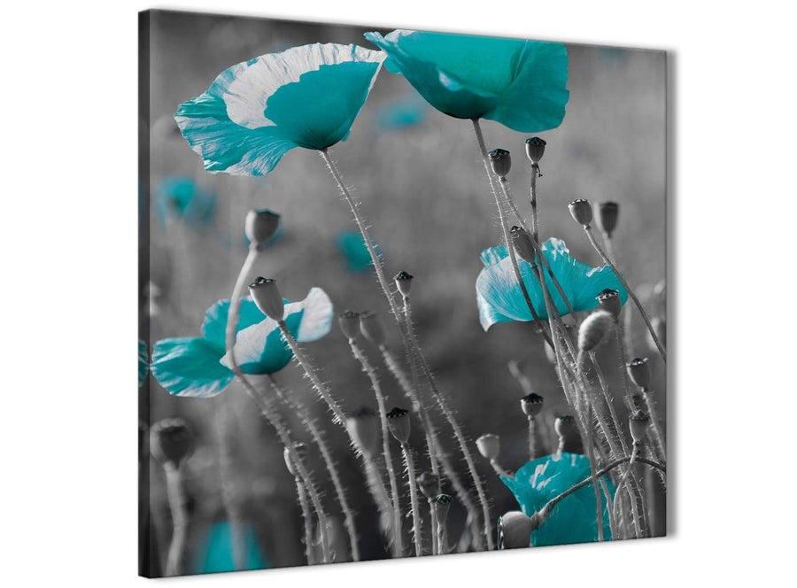 Cheap Teal Poppy Grey Poppies Flower Floral Kitchen Canvas Pictures Accessories - Abstract 1s139s - 49cm Square Print