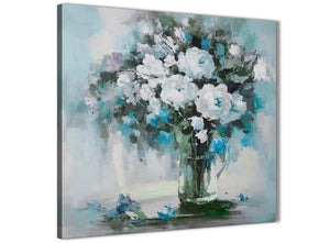 Cheap Teal White Flowers Painting Kitchen Canvas Wall Art Accessories - Abstract 1s440s - 49cm Square Print