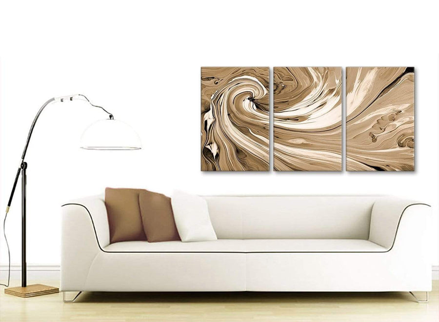 Contemporary Brown Cream Swirls Modern Abstract Canvas Wall Art Split 3 Panel 125cm Wide 3349 For Your Dining Room