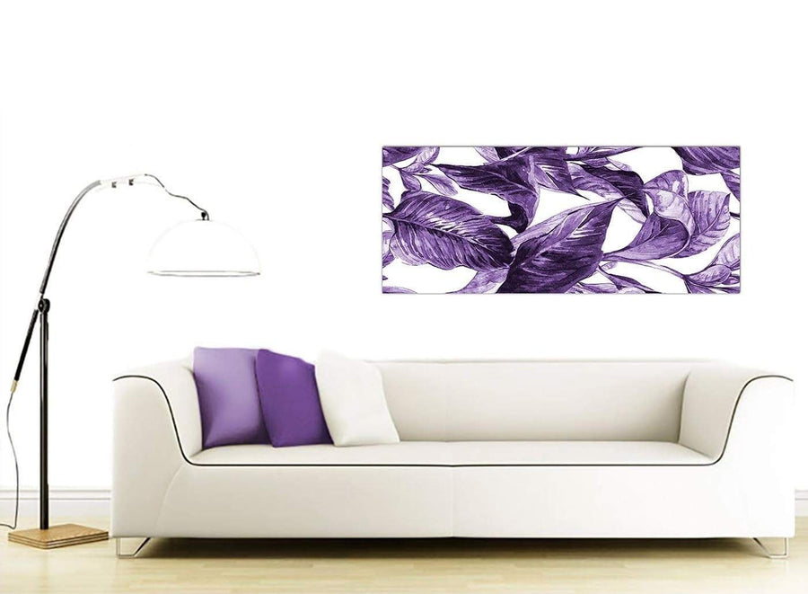 Contemporary Dark Purple White Tropical Exotic Leaves Canvas Modern 120cm Wide 1322 For Your Bedroom