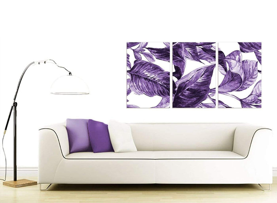 Contemporary Dark Purple White Tropical Exotic Leaves Canvas Split 3 Part 3322 For Your Bedroom