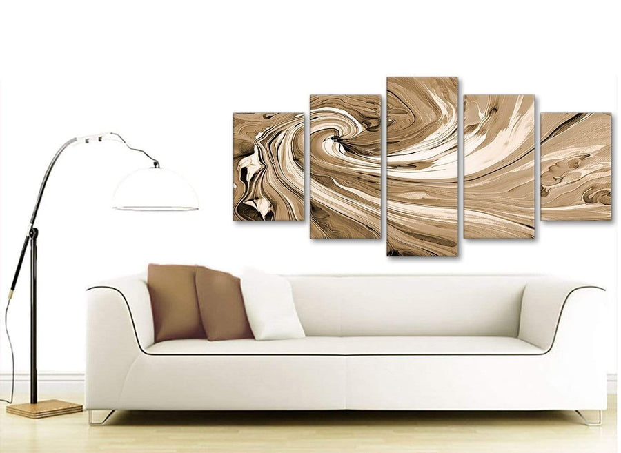 Contemporary Extra Large Brown Cream Swirls Modern Abstract Canvas Wall Art Split 5 Panel 160cm Wide 5349 For Your Living Room