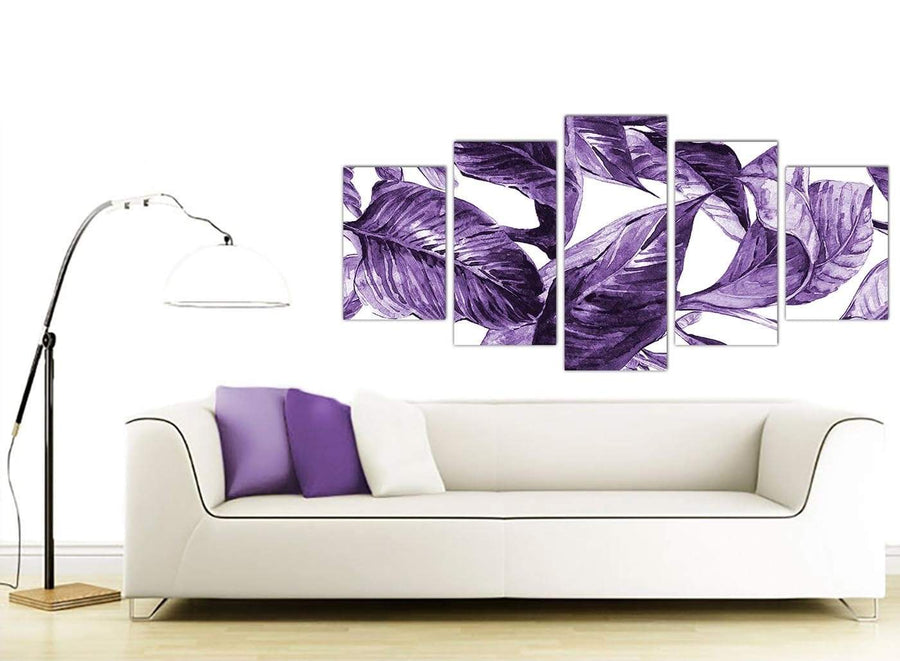 Contemporary Extra Large Dark Purple White Tropical Exotic Leaves Canvas Split 5 Set 5322 For Your Living Room