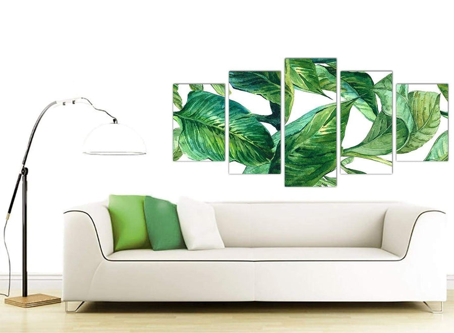 Contemporary Extra Large Green Palm Tropical Banana Leaves Canvas Split 5 Panel 5324 For Your Dining Room