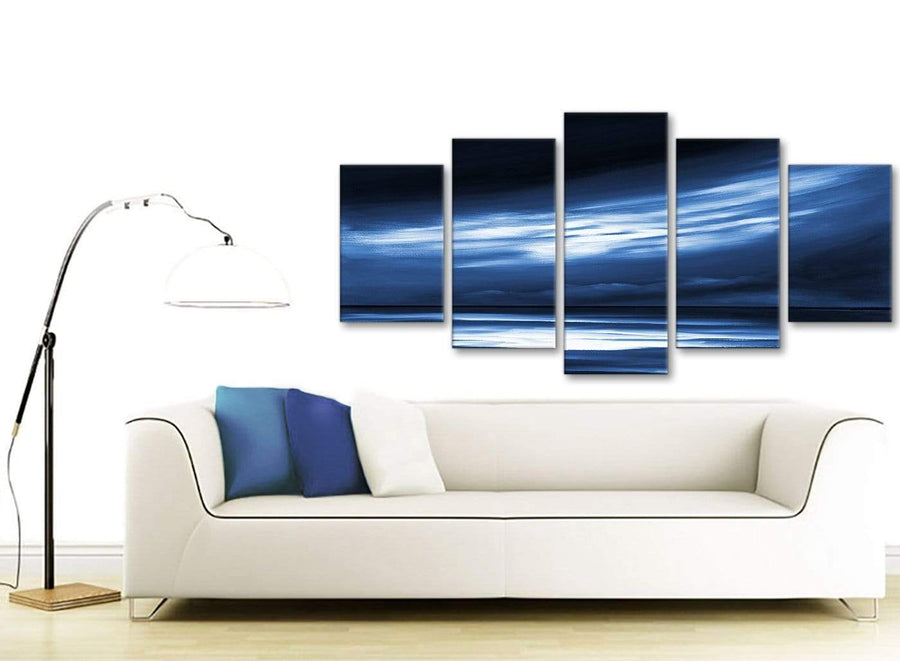 Contemporary Extra Large Indigo Blue White Abstract Sunset Modern Canvas Wall Art Multi Set Of 5 160cm Wide 5332 For Your Dining Room