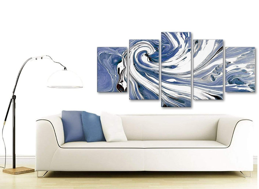Contemporary Extra Large Indigo Blue White Swirls Modern Abstract Canvas Wall Art Split 5 Part 160cm Wide 5352 For Your Living Room
