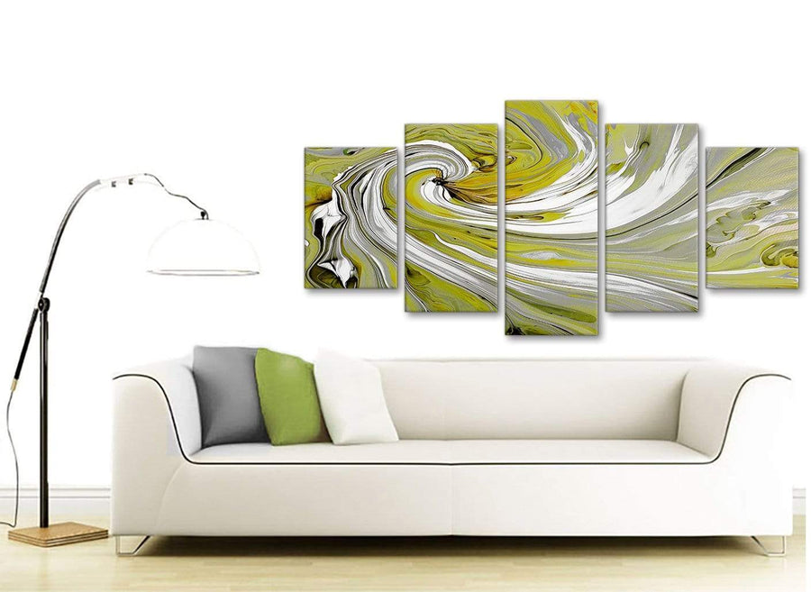 Contemporary Extra Large Lime Green Swirls Modern Abstract Canvas Wall Art Multi 5 Panel 160cm Wide 5351 For Your Dining Room