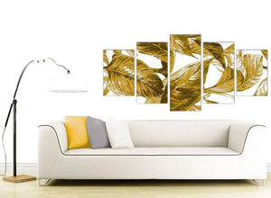 Contemporary Extra Large Mustard Yellow White Tropical Leaves Canvas Split 5 Piece 5318 For Your Dining Room