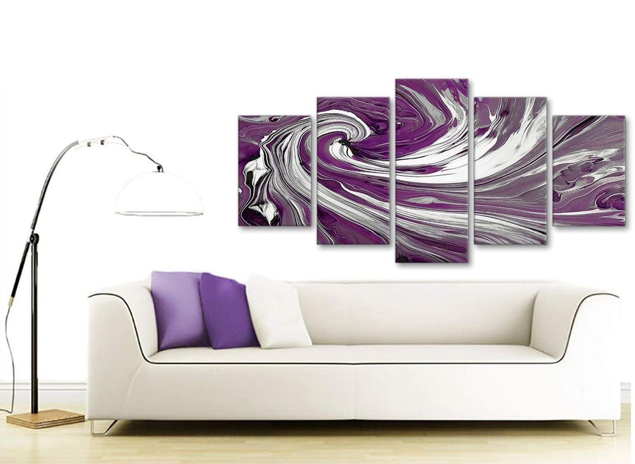 Contemporary Extra Large Plum Purple White Swirls Modern Abstract Canvas Wall Art Split 5 Panel 160cm Wide 5353 For Your Dining Room