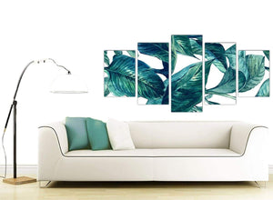 Contemporary Extra Large Teal Blue Green Tropical Exotic Leaves Canvas Multi 5 Piece 5325 For Your Bedroom