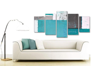 Contemporary Extra Large Teal Grey Abstract Painting Canvas Wall Art Split 5 Panel 160cm Wide 5344 For Your Living Room
