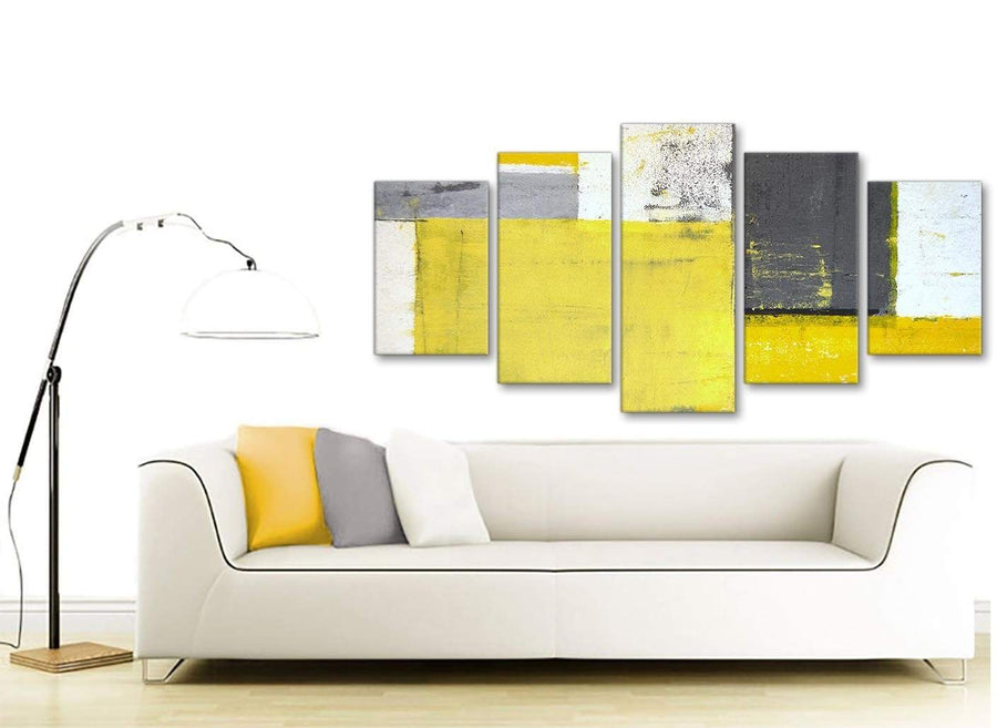 Contemporary Extra Large Yellow Grey Abstract Painting Canvas Multi 5 Piece 160cm Wide 5346 For Your Bedroom